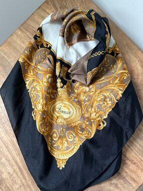 Vintage FIRENZE Ornate Gold Baroque & Fleur-de-Lis Square Scarf